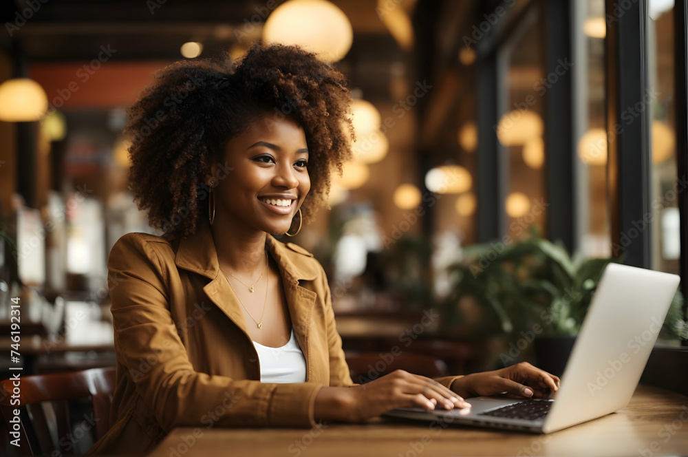 Image of happy woman using laptop while sitting at cafe. Young african american woman sitting in a coffee shop and working on laptop.blur background. 
