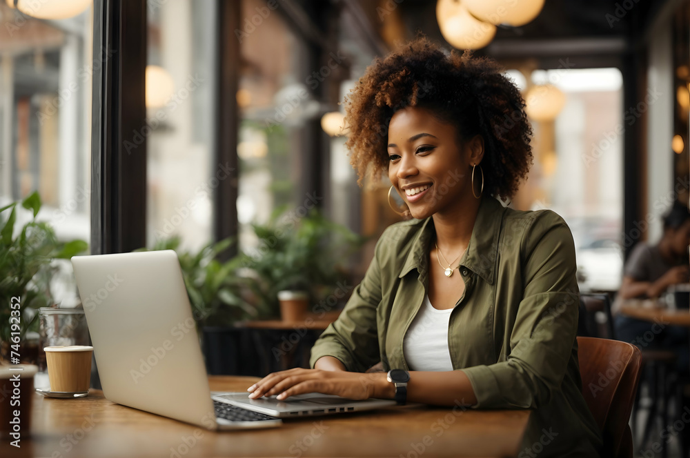Image of happy woman using laptop while sitting at cafe. Young african american woman sitting in a coffee shop and working on laptop.blur background. Image of happy woman using laptop while sitting at cafe. Young african american woman sitting in a coffee shop and working on laptop.blur background.