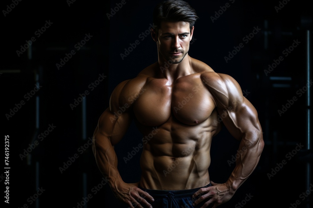 Fototapeta premium Muscular man confidently posing shirtless in a gym with hands on hips under a bright spotlight on black background, exuding strength and determination in fitness journey.