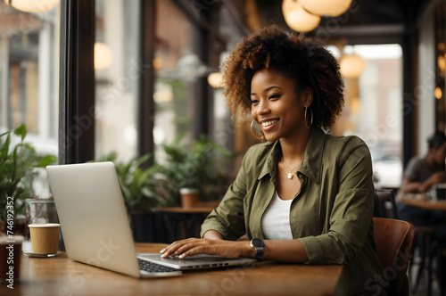 Image of happy woman using laptop while sitting at cafe. Young african american woman sitting in a coffee shop and working on laptop.blur background. 