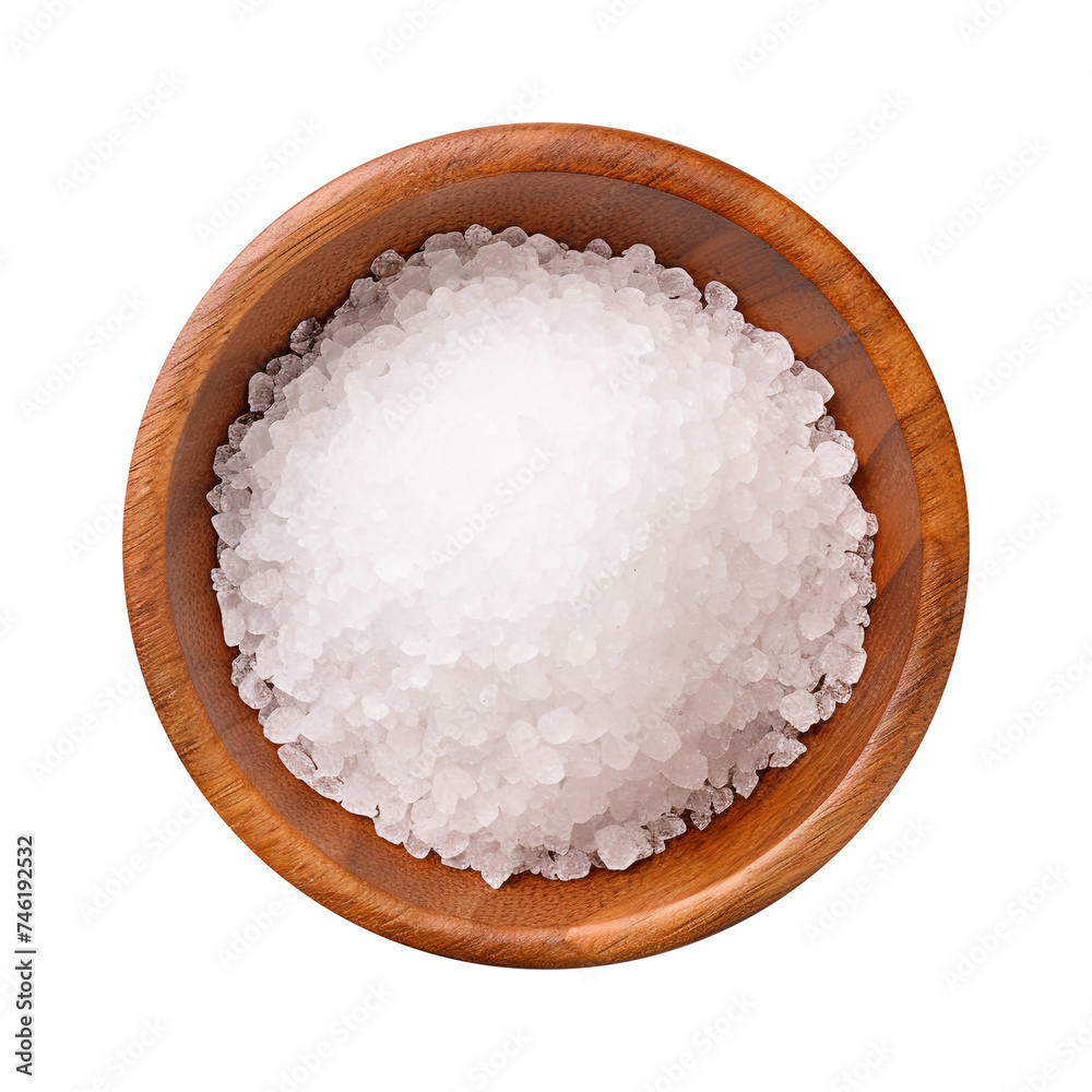 Sea salt in a wooden bowl top view isolated on transparent background Remove png, Clipping Path, pen tool Sea salt in a wooden bowl top view isolated on transparent background Remove png, Clipping Path, pen tool