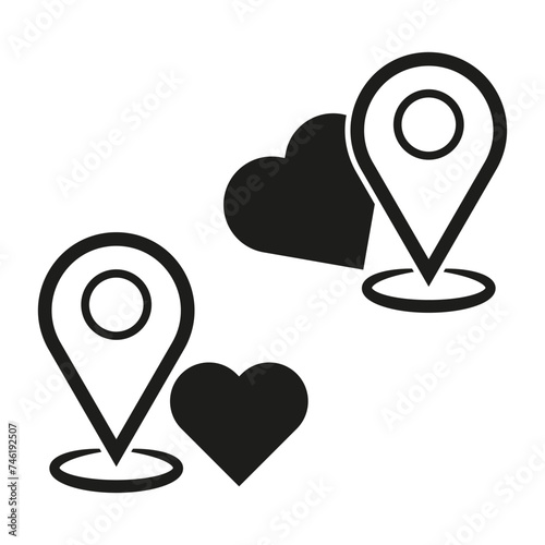 Location pins and heart, map navigation. Love travel symbol. Vector illustration. EPS 10. photo