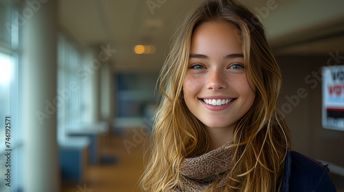 Smiling and confident female office associate - close-up shot - open office - profile shot - open office - bright space 