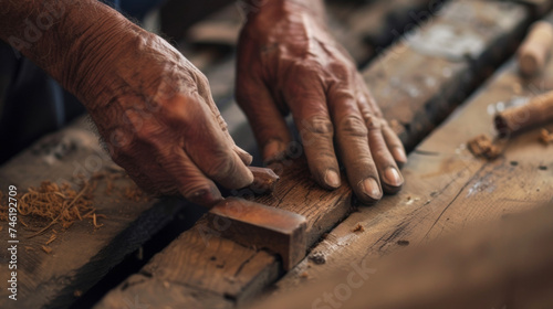 A closeup of a winemakers hands rolling a small piece of oak wood between their fingers. This piece of wood known as a wine stave will be added to a fermenting tank or barrel photo