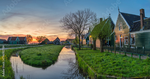 Dutch traditional house panorama sunrise at Zaanse Schans Village, Netherlands
