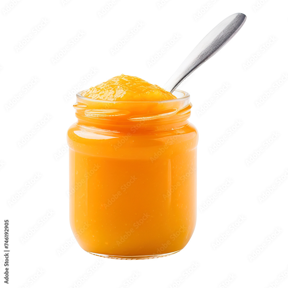 Jar of orange puree for babies isolated on transparent background Remove png, Clipping Path, pen tool Jar of orange puree for babies isolated on transparent background Remove png, Clipping Path, pen tool