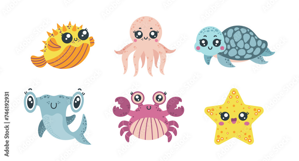 Underwater animals vector set. Friendly crab, baby shark, cute turtle, smiling starfish, funny puffer fish and octopus. Ocean characters, aquarium pets. Colorful cartoon clipart for children, kids