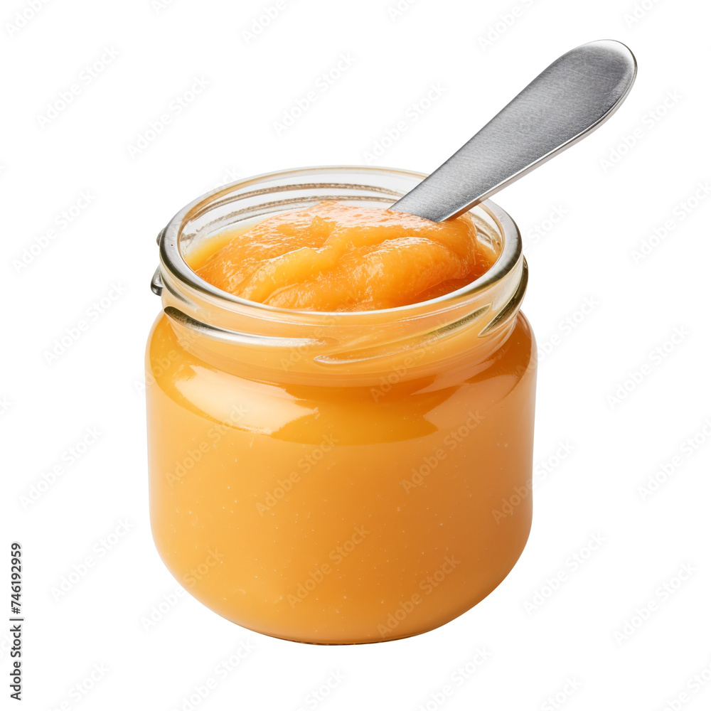 Jar of orange puree for babies isolated on transparent background Remove png, Clipping Path, pen tool Jar of orange puree for babies isolated on transparent background Remove png, Clipping Path, pen tool
