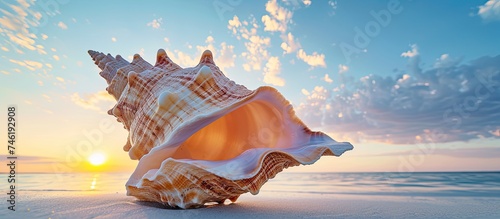 A photo capturing the beauty of a Murex conch shell resting on a sandy beach while the sun sets in the background. photo