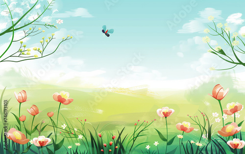 Spring field landscape illustration,created with Generative AI tecnology. 