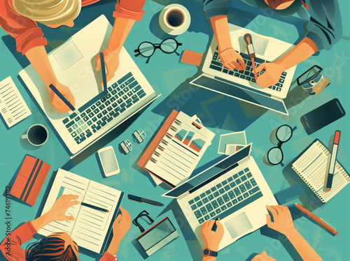 Creative Individuals Crafting Rules on Desk - Flat Style Vector Illustration photo