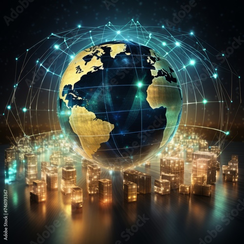 The image created encapsulates a futuristic vision of global business connectivity and technology, showcasing a world map and globe surrounded by symbols of internet, network, data technology, and dig