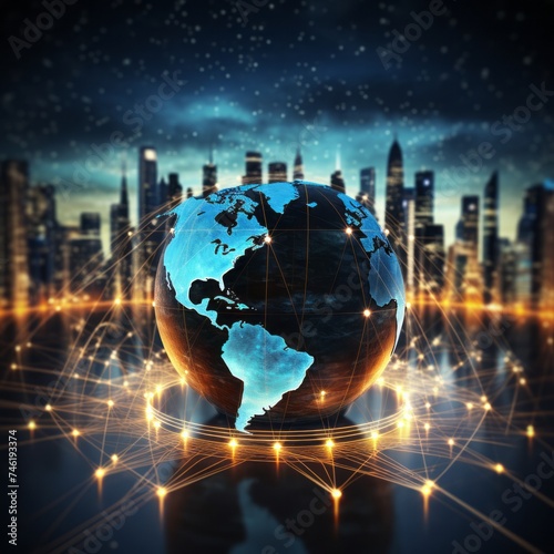 Blue globe illustration with lines connecting continents, representing a global business network powered by technology and information