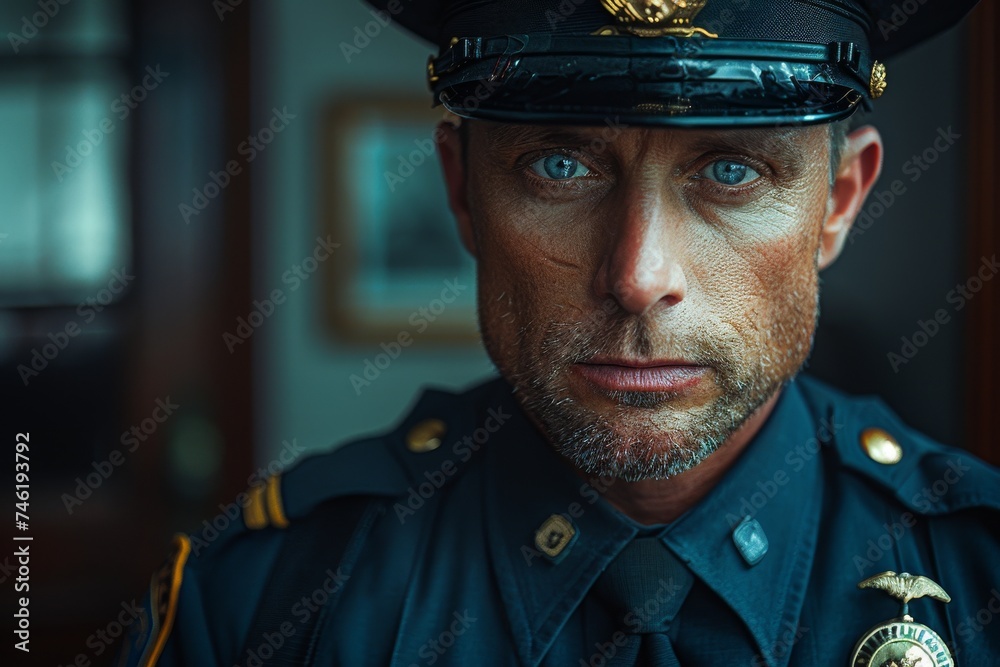 the arresting stare of a figure in police uniform, his visage eerily lifelike, weaving a tapestry of profound symbolism and enigmatic messages within the swirling whiplash curves of his portrait. the arresting stare of a figure in police uniform, his visage eerily lifelike, weaving a tapestry of profound symbolism and enigmatic messages within the swirling whiplash curves of his portrait.