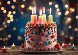 Birthday party sweet cake with candles, bright lights bokeh. Generative AI