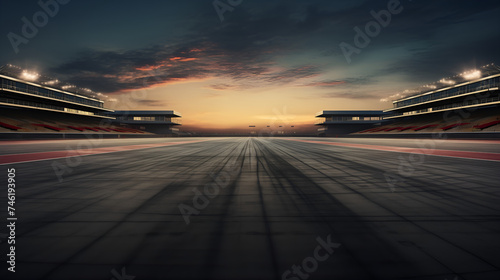 Evening scene asphalt international empty race track with starting or end line. Generated- AI © Tharika