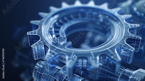 3D wireframe illustration of a gear on a dark blue background. Mechanical technology, industry development, engine work are machine engineering symbols. engine work, and business plan illustration. © ND STOCK