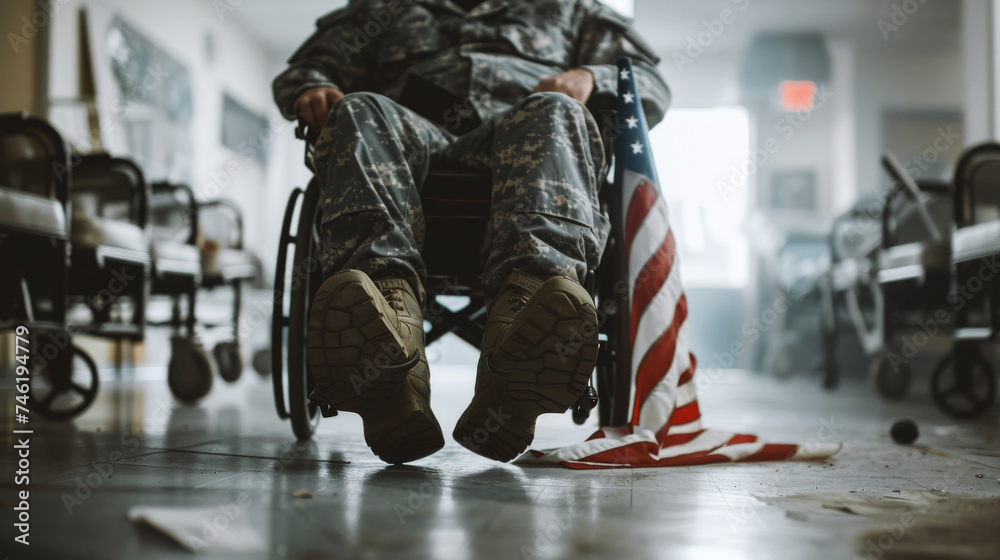 Obraz premium Close-up detail of man prosthetic leg in a wheelchair in a hospital, an American flag draped over his lap, Veterans day concept. Generated-AI