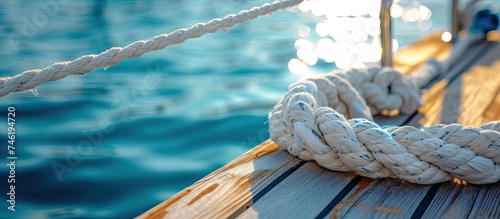 A detailed view of the ropes and boat fenders on a docked boat. photo