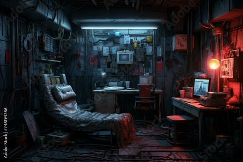 Futuristic Room cyberpunk. Interior dark room. Generate Ai © juliars