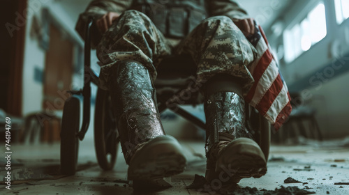Wallpaper Mural Close-up detail of man prosthetic leg in a wheelchair in a hospital, an American flag draped over his lap, Veterans day concept. Generated-AI Torontodigital.ca