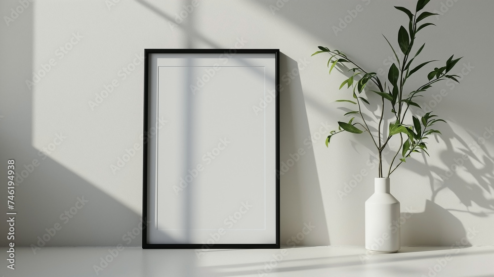 Vertical frame for mockup. Minimal room interior with mock up photo frame. Vertical frame for mockup. Minimal room interior with mock up photo frame.