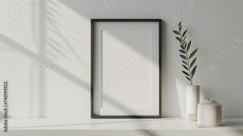 Vertical frame for mockup. Minimal room interior with mock up photo frame.