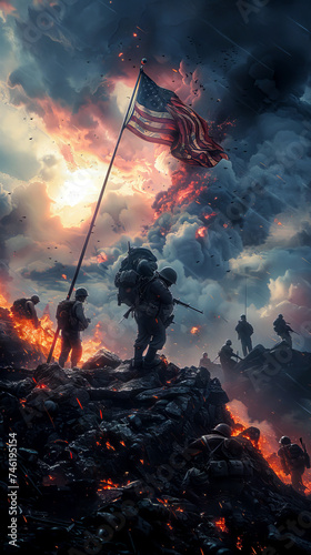 Create a detailed illustration of  World War II, the iconic moment of the US Marines raising the American flag atop Mount