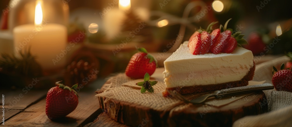 A piece of cake topped with fresh strawberries placed on a wooden board, illuminated by candlelight, set on a burlap tablecloth.