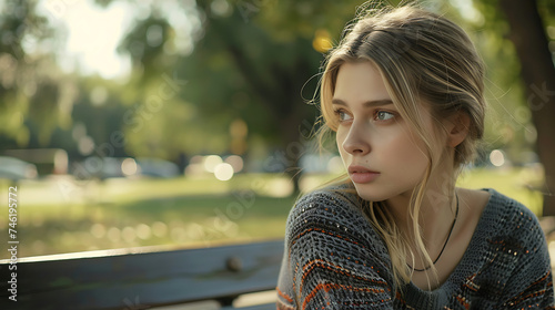 Jovem mulher contemplativa à frente ambiente natural tranquilo com luz suave ao entardecer