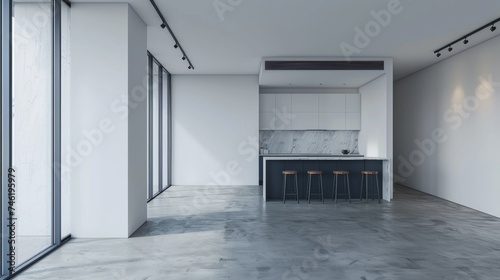 A modern kitchen with white walls  concrete floor  blue countertops and cupboards.