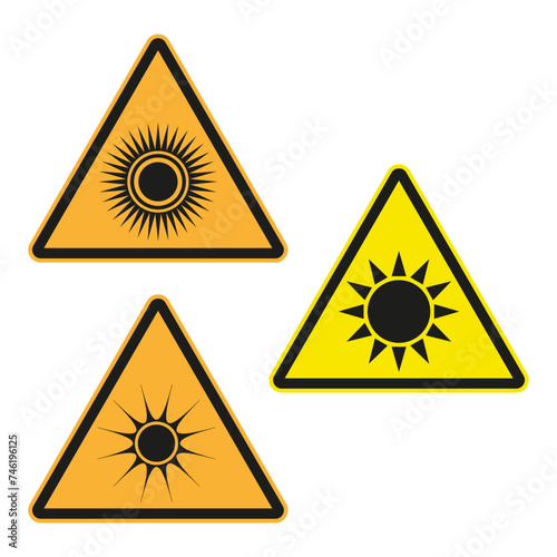 Warning sign eye sun hazard. Caution UV radiation alert. Protect against bright light. Vector illustration. EPS 10.