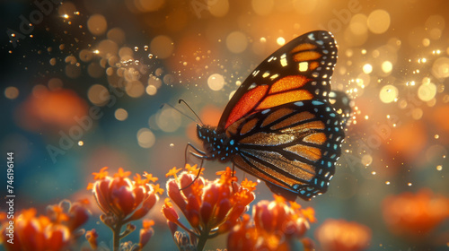 Closeup of a butterfly gracefully gliding on the wind its wings a blur of vibrant colors. © Justlight