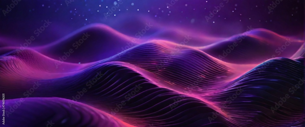 Wave of dots and weave lines. Abstract purple  background for design on the topic of cyberspace, big data, metaverse, network security, data transfer on dark purple abstract cyberspace background