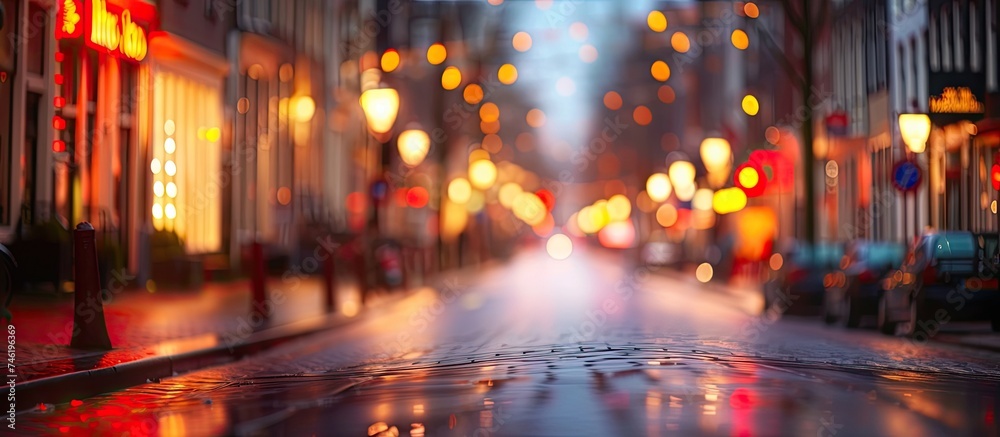 In the blurred Amsterdam street background, raindrops fall on the busy city street lined with glowing lights and towering buildings. People hurry under umbrellas as cars navigate the wet roads