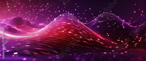 Wave of dots and weave lines. Abstract purple background for design on the topic of cyberspace, big data, metaverse, network security, data transfer on dark red abstract cyberspace background