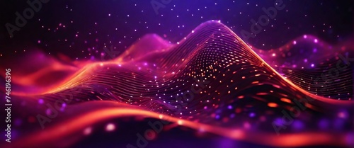 Wave of dots and weave lines. Abstract purple background for design on the topic of cyberspace, big data, metaverse, network security, data transfer on dark red abstract cyberspace background