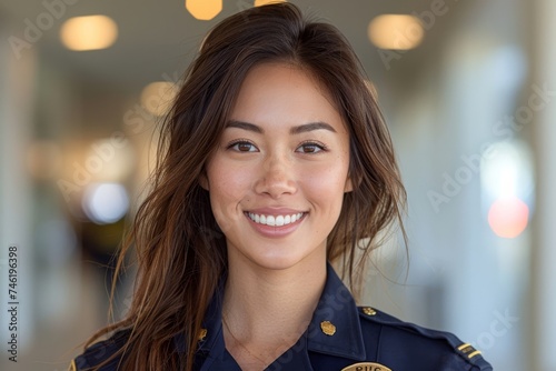 A cheerful young policewoman, adorned in her official uniform, beams with happiness as she gazes warmly into the camera.
