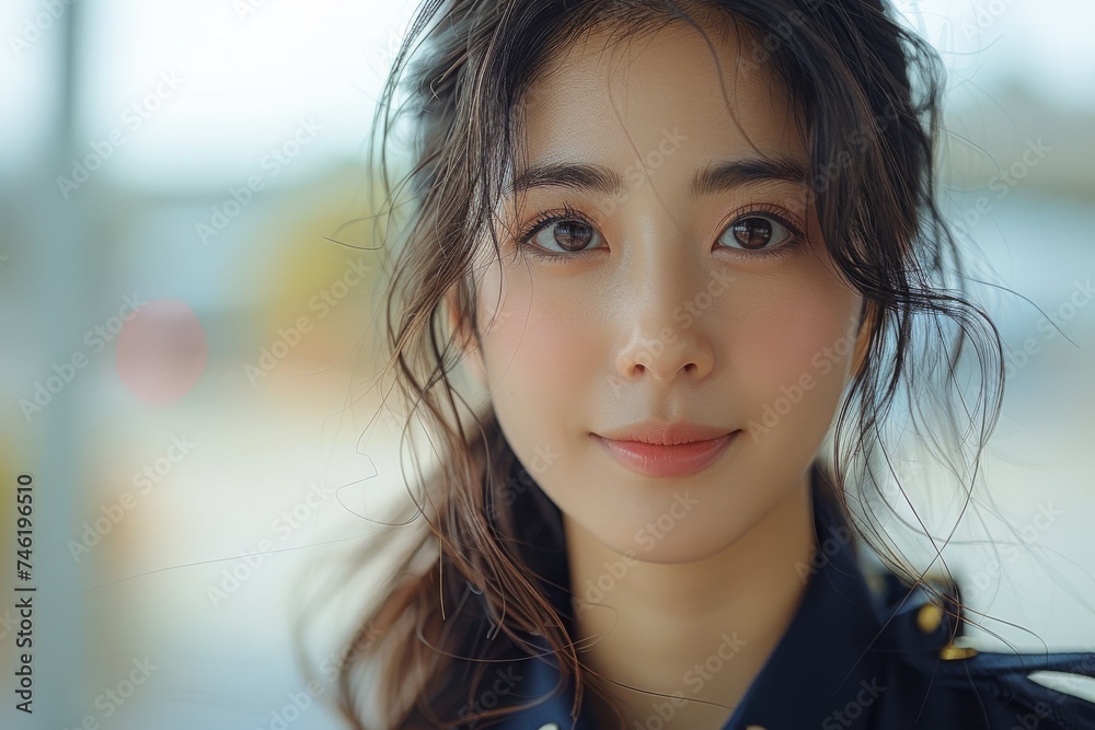 A cheerful young policewoman, adorned in her official uniform, beams with happiness as she gazes warmly into the camera. A cheerful young policewoman, adorned in her official uniform, beams with happiness as she gazes warmly into the camera.