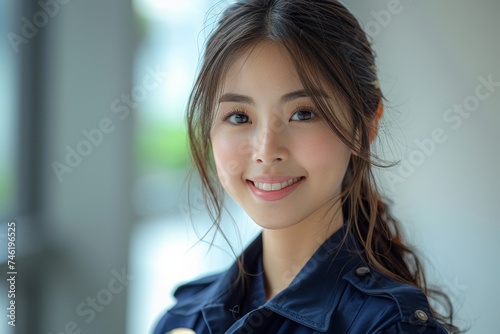 Free Download A cheerful young policewoman, adorned in her official uniform, beams with happiness as she gazes warmly into the camera. - GFXLoad