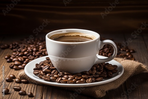 White cup of black coffee placed on a rustic burlap sack with scattered aromatic coffee beans on a vintage wooden table in a cozy cafe setting, inviting you to savor a delightful morning brew.
