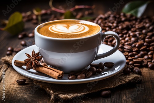 White cup of coffee with heart-shaped foam  cinnamon stick  and anise on saucer with roasted coffee beans on brown sackcloth and wooden table  cozy and inviting coffee scene