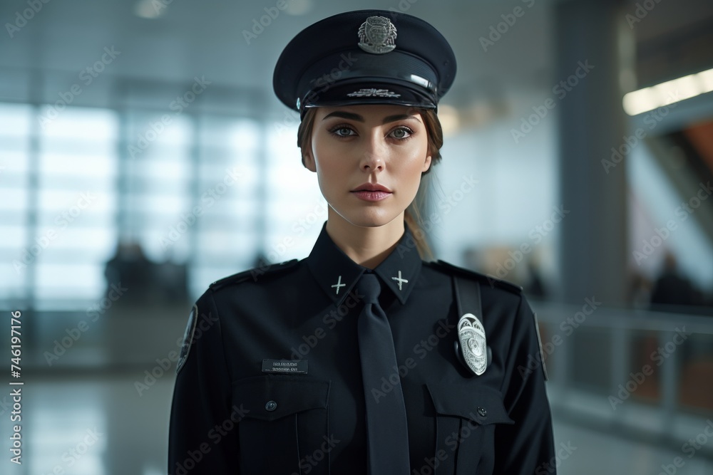 A cheerful young policewoman, adorned in her official uniform, beams with happiness as she gazes warmly into the camera. A cheerful young policewoman, adorned in her official uniform, beams with happiness as she gazes warmly into the camera.