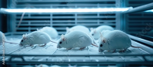 A group of white mice are seen sitting inside an oven, appearing frozen and still. The scene shows the mice in a freezer compartment of a pet store, motionless and white in color. photo