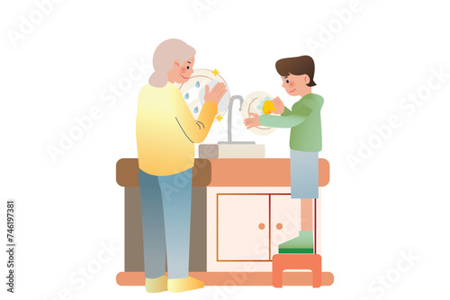 The Boy and Grandmother Wash Dishes Together | Family Cleaning Activity
