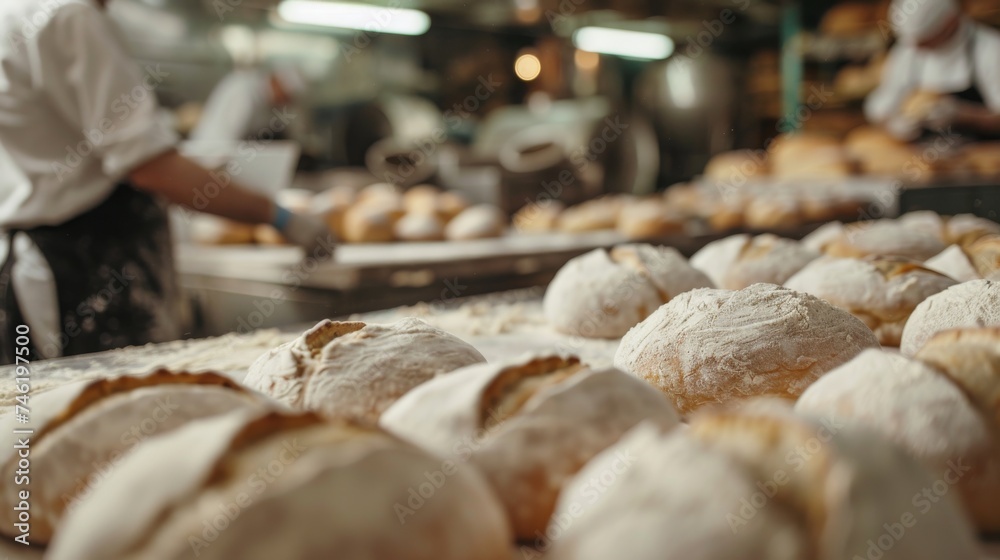 Bread Dough in bakery with defocused worker in background
