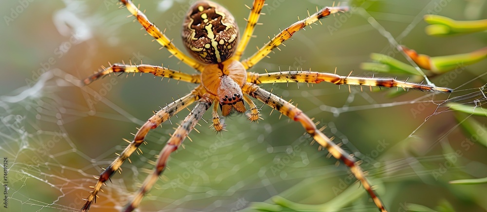 A close-up view of a spider diligently spinning its web on a green plant. The intricate details of the spiders body and the delicate threads of the web are visible. A close-up view of a spider diligently spinning its web on a green plant. The intricate details of the spiders body and the delicate threads of the web are visible.