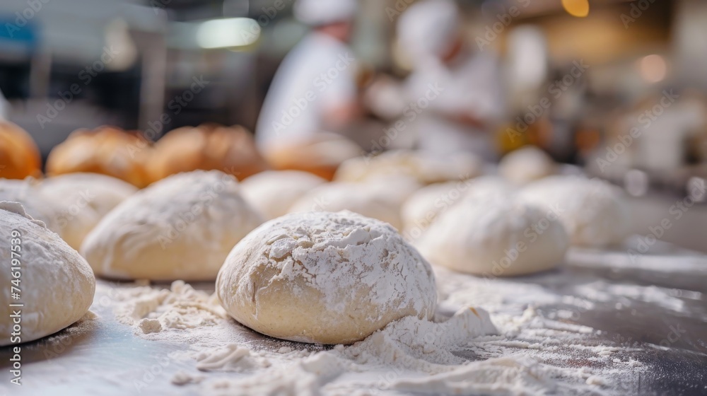 Bread Dough in bakery with defocused worker in background Bread Dough in bakery with defocused worker in background