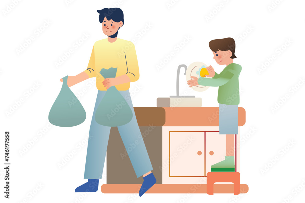The Boy Washes the Dishes, and His Father Helps Throw Away the Rubbish | Family cleaning activity The Boy Washes the Dishes, and His Father Helps Throw Away the Rubbish | Family cleaning activity