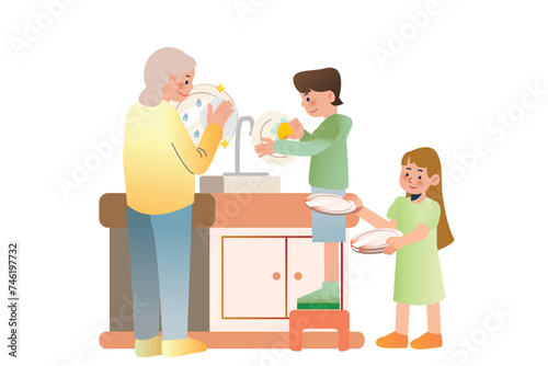 The Two Kids Helped Their Grandmother Wash the Dishes | Family Cleaning Activity